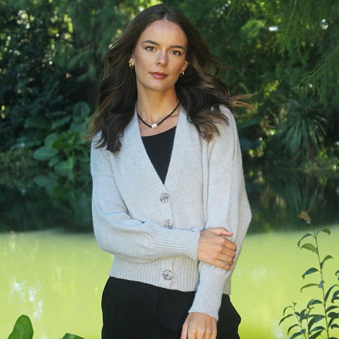 Woman wearing Lothlorian - Alpaca Enclave Cardigan (ALP080) in the colour Dove.