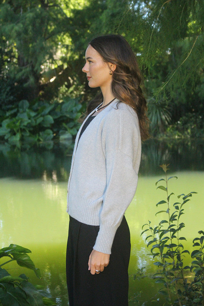 Woman wearing Lothlorian - Alpaca Enclave Cardigan (ALP080) in the colour Dove.