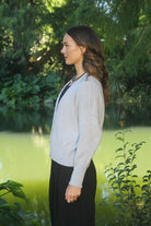 Woman wearing Lothlorian - Alpaca Enclave Cardigan (ALP080) in the colour Dove.