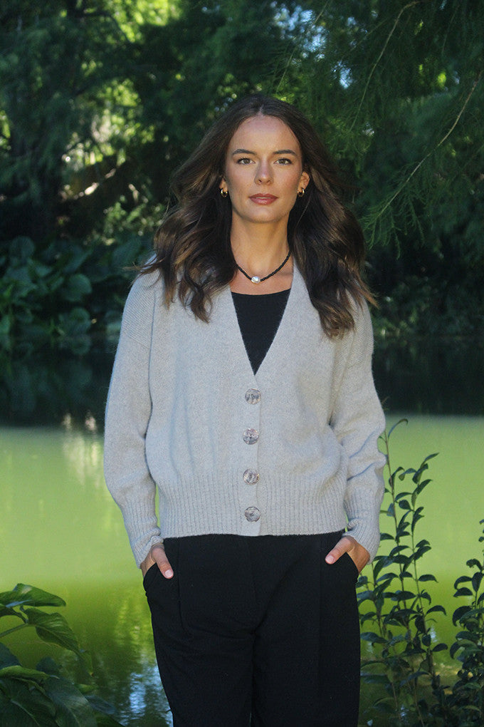 Woman wearing Lothlorian - Alpaca Enclave Cardigan (ALP080) in the colour Dove.