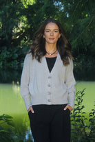 Woman wearing Lothlorian - Alpaca Enclave Cardigan (ALP080) in the colour Dove.