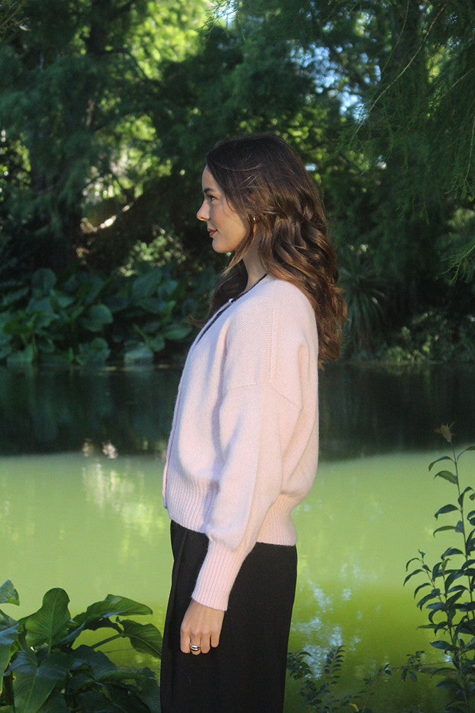 Woman wearing Lothlorian - Alpaca Enclave Cardigan (ALP080) in the colour Blush.
