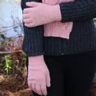 Rose colour Alpaca gloves on person