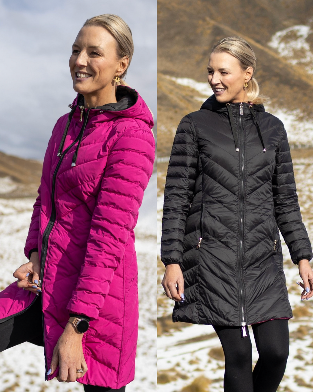 Collage of two photos of wearing Moke - Arnie Reversible Packable Down Coat (ARNIE) in colour Black/Rose Violet.