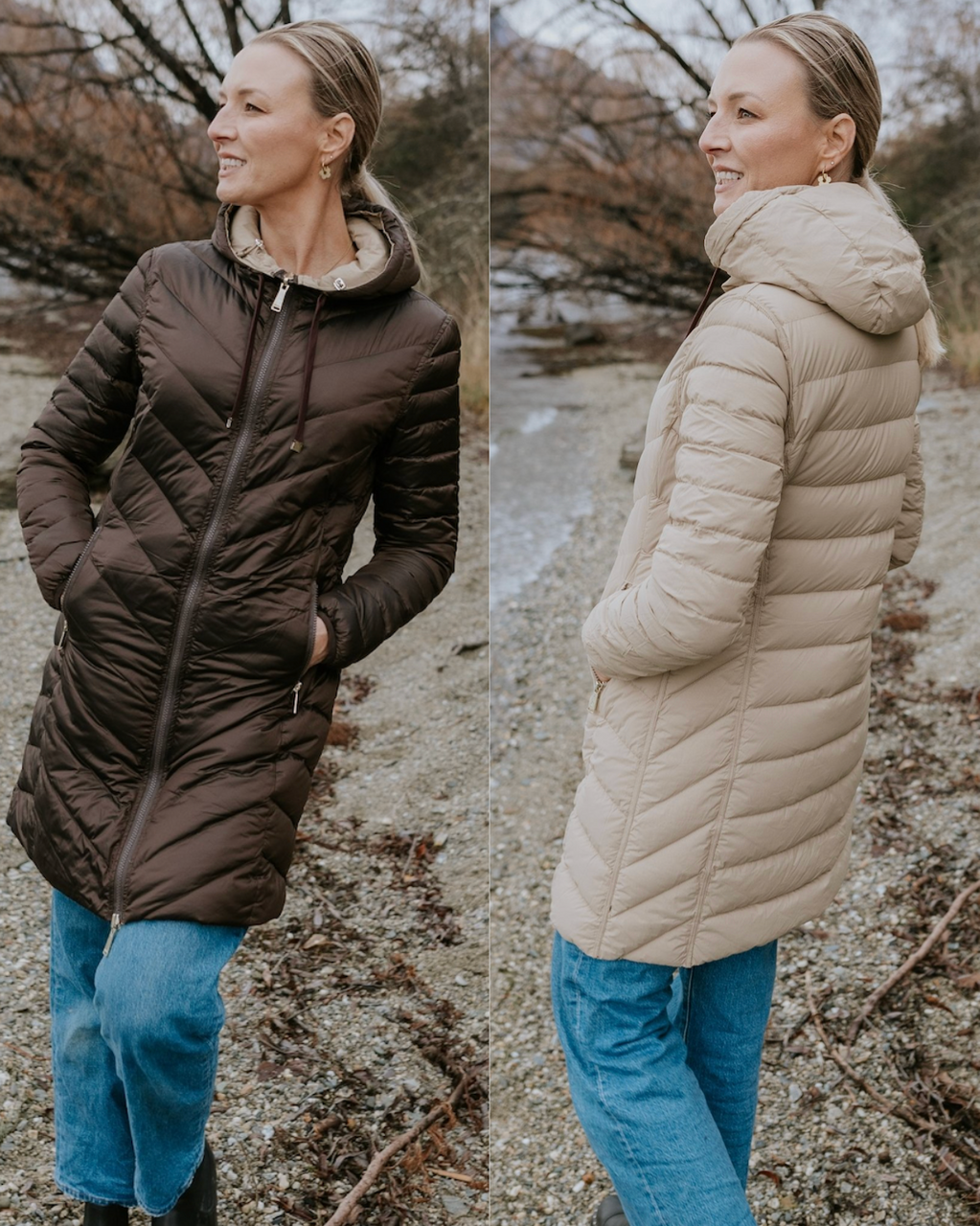 Collage of two photos of wearing Moke - Arnie Reversible Packable Down Coat (ARNIE) in colour Chocolate/Palomino.