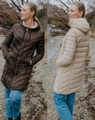 Collage of two photos of wearing Moke - Arnie Reversible Packable Down Coat (ARNIE) in colour Chocolate/Palomino.