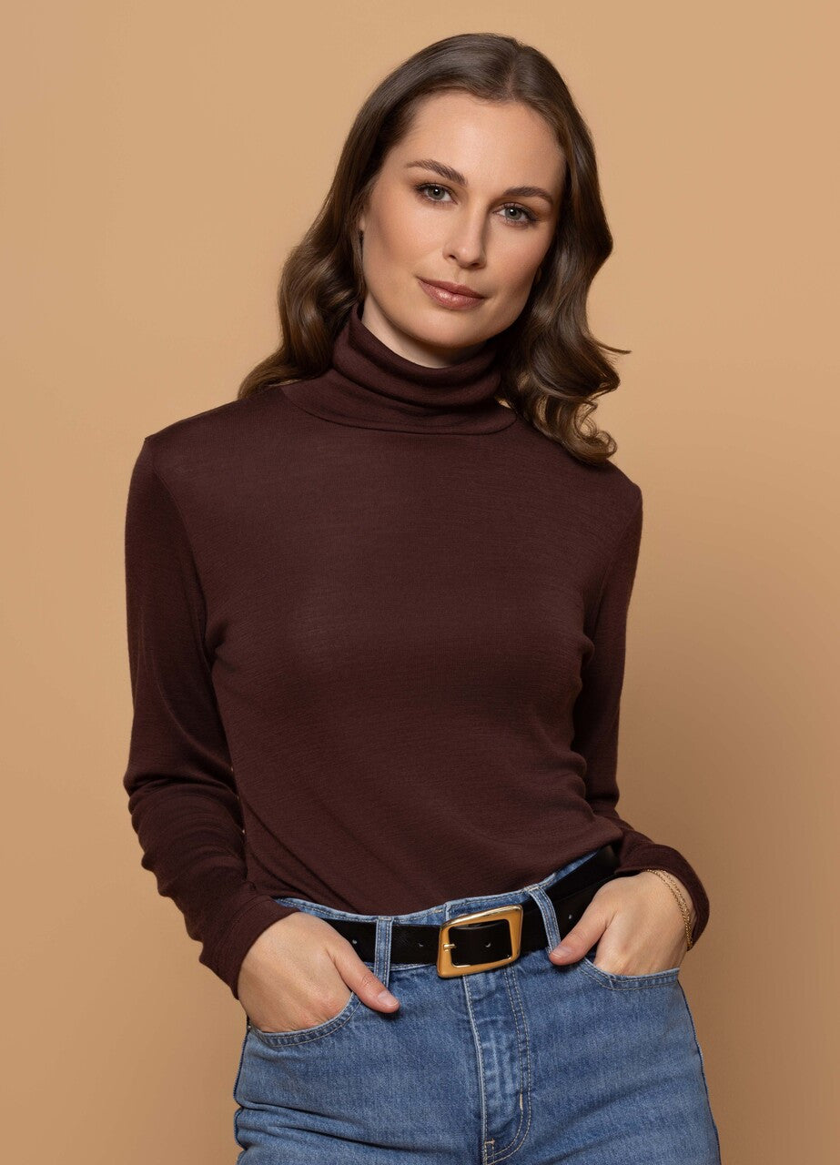 Woman wearing Bay Road Merino - Isabel Polo (BR716) in the colour Espresso