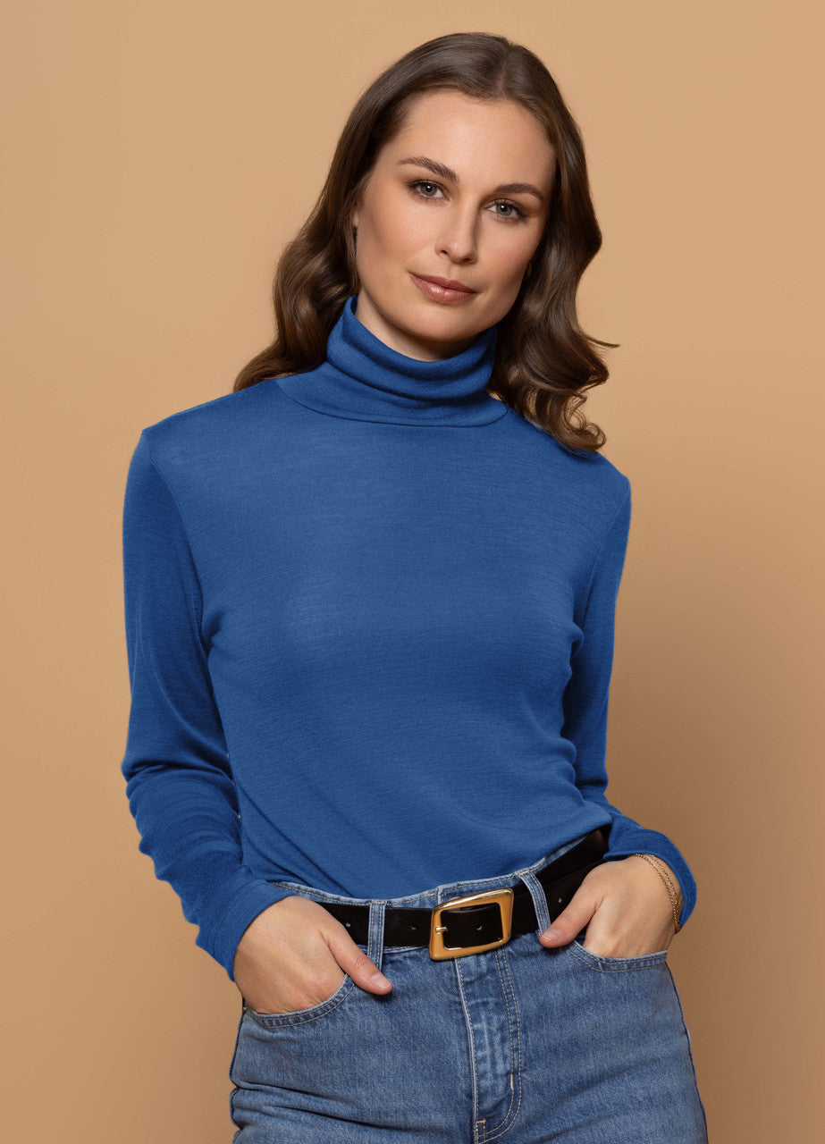 Woman wearing Bay Road Merino - Isabel Polo (BR716) in the colour Biscay Blue