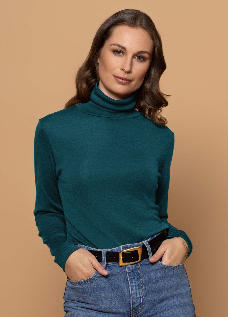 Woman wearing Bay Road Merino - Isabel Polo (BR716) in the colour Dragonfly