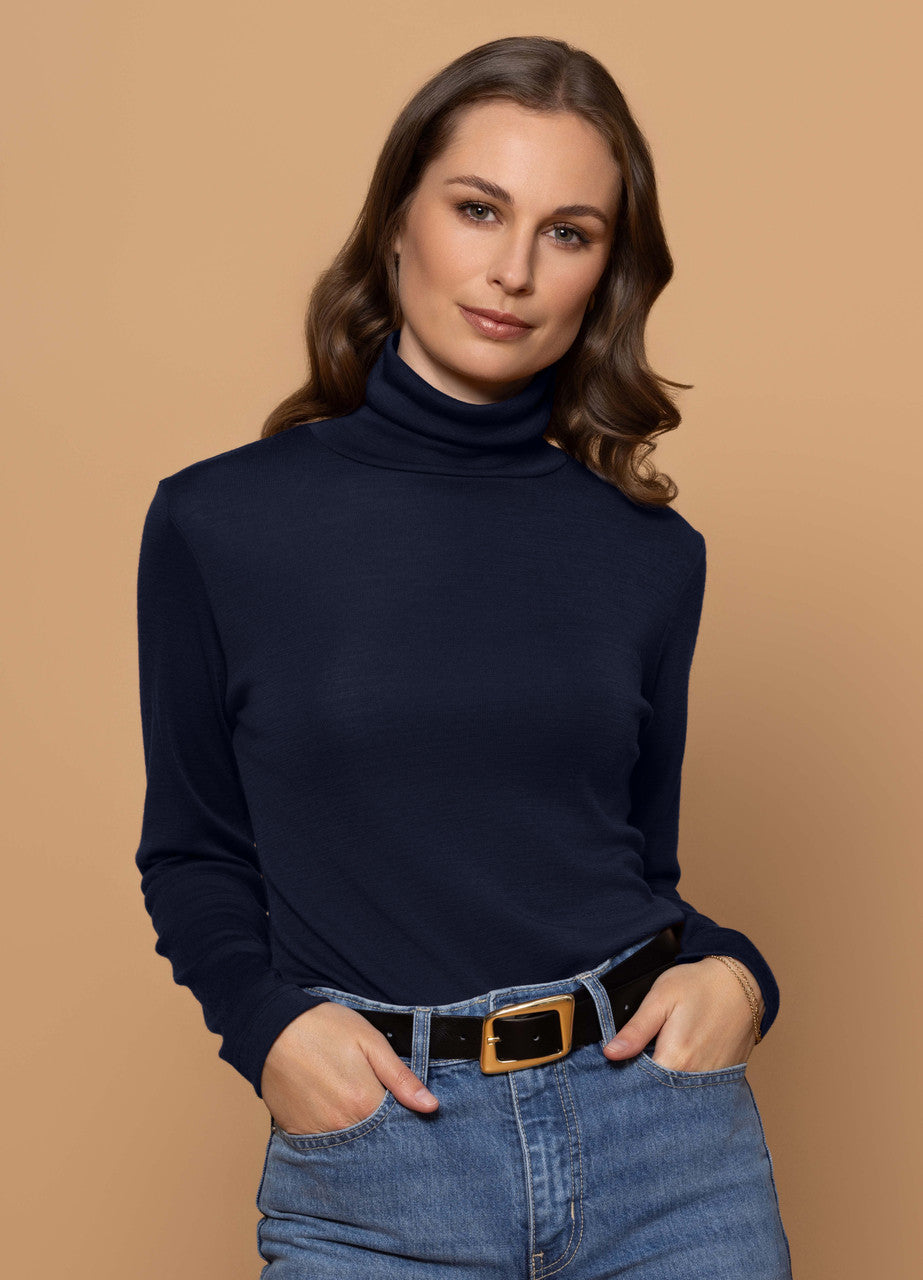 Woman wearing Bay Road Merino - Isabel Polo (BR716) in the colour Navy