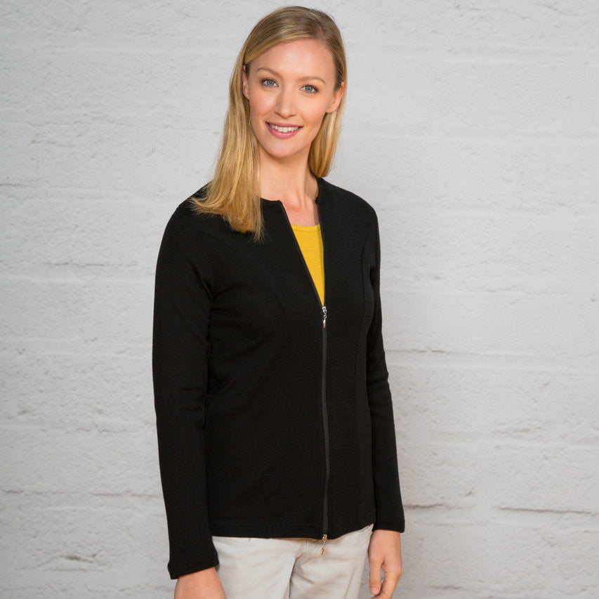 Woman wearing zipped Catherine Cardigan in Black
