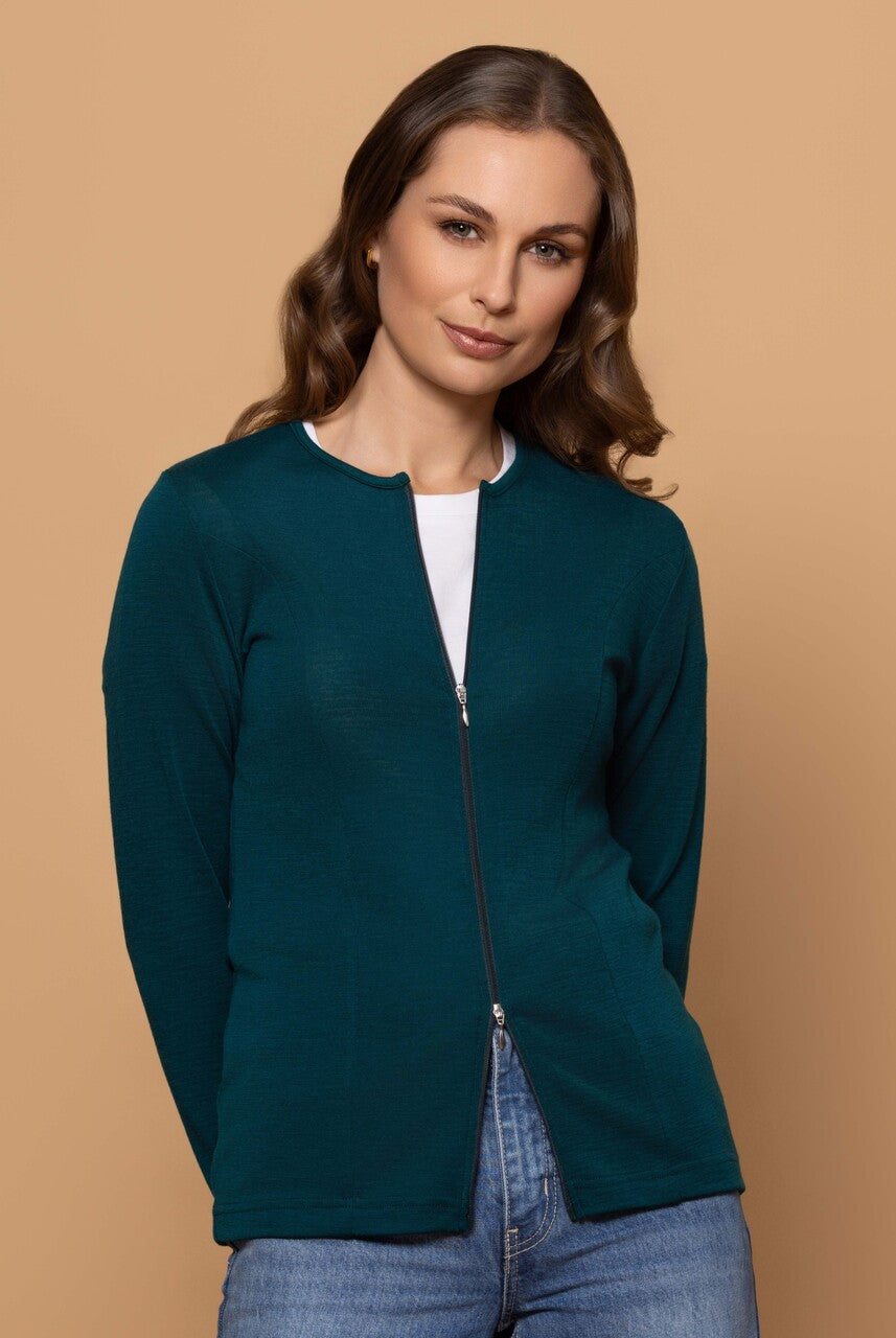 Woman wearing zipped Catherine Cardigan in Dragonfly.