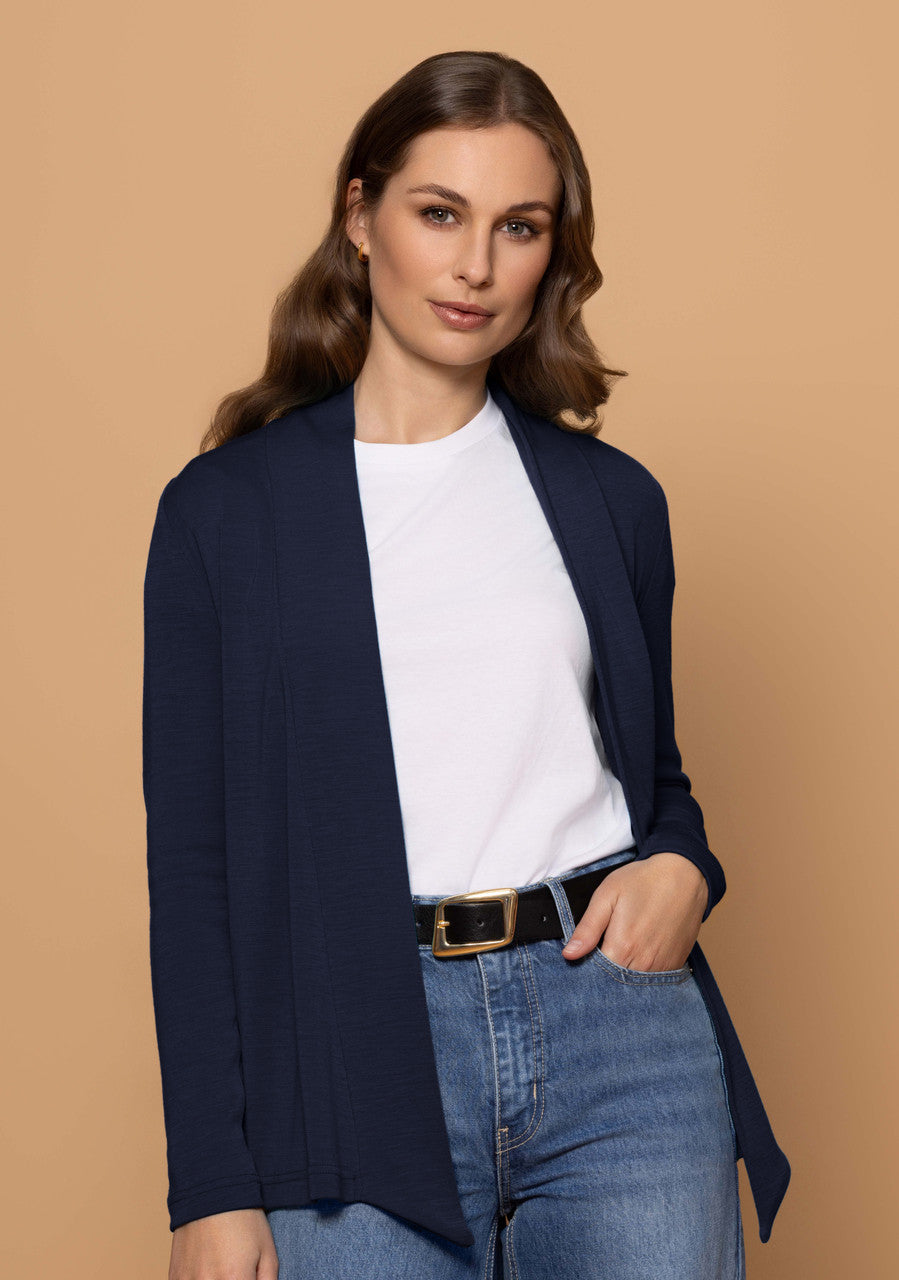 Woman wearing navy diva jacket