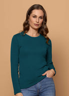 Woman wearing Bay Road Merino - Harper Crew (BR840) in the colour Dragonfly.