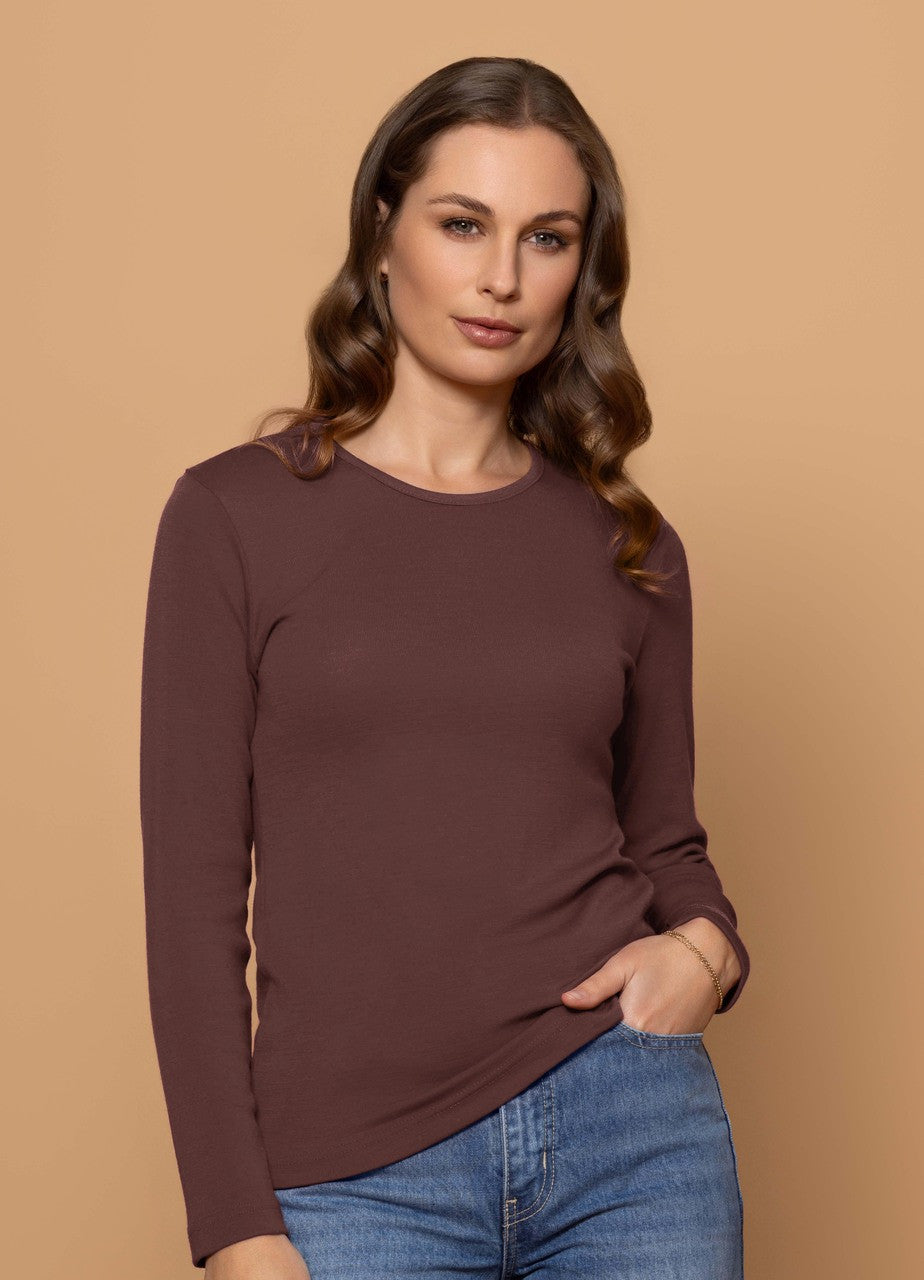 Woman wearing Bay Road Merino - Harper Crew (BR840) in the colour Espresso.
