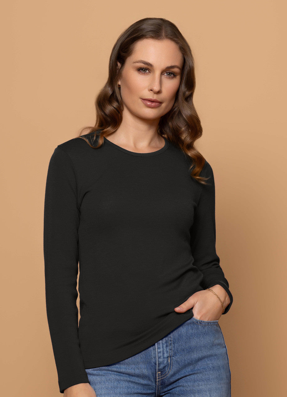 Woman wearing Bay Road Merino - Harper Crew (BR840) in the colour Graphite.