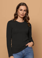 Woman wearing Bay Road Merino - Harper Crew (BR840) in the colour Graphite.