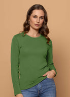 Woman wearing Bay Road Merino - Harper Crew (BR840) in the colour Vine.