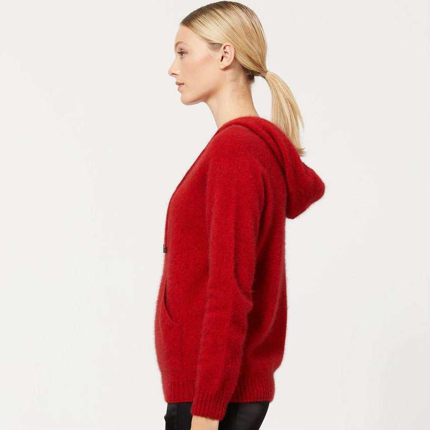 Red possum and merino hoodie. Side view.