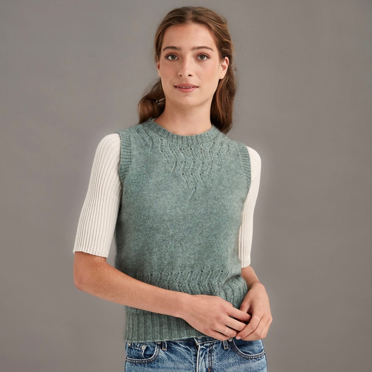 Woman wearing McDonald - Merino & Possum Herringbone Lace Vest (5059) in the colour Mint.