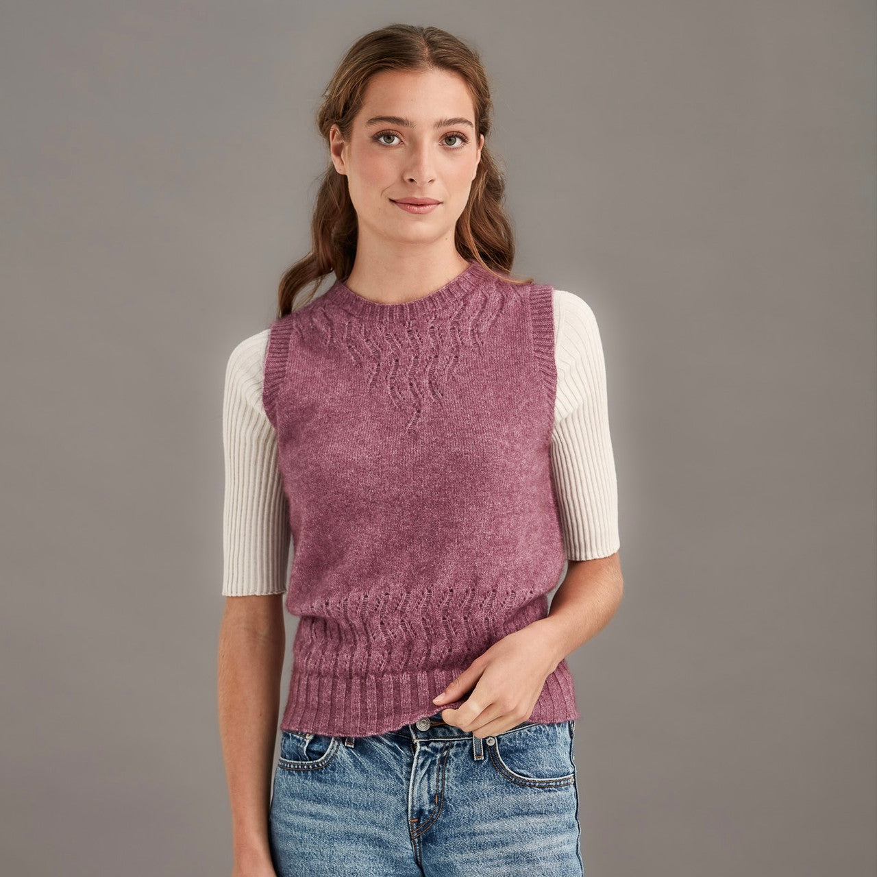 Woman wearing McDonald - Merino & Possum Herringbone Lace Vest (5059) in the colour Heather.