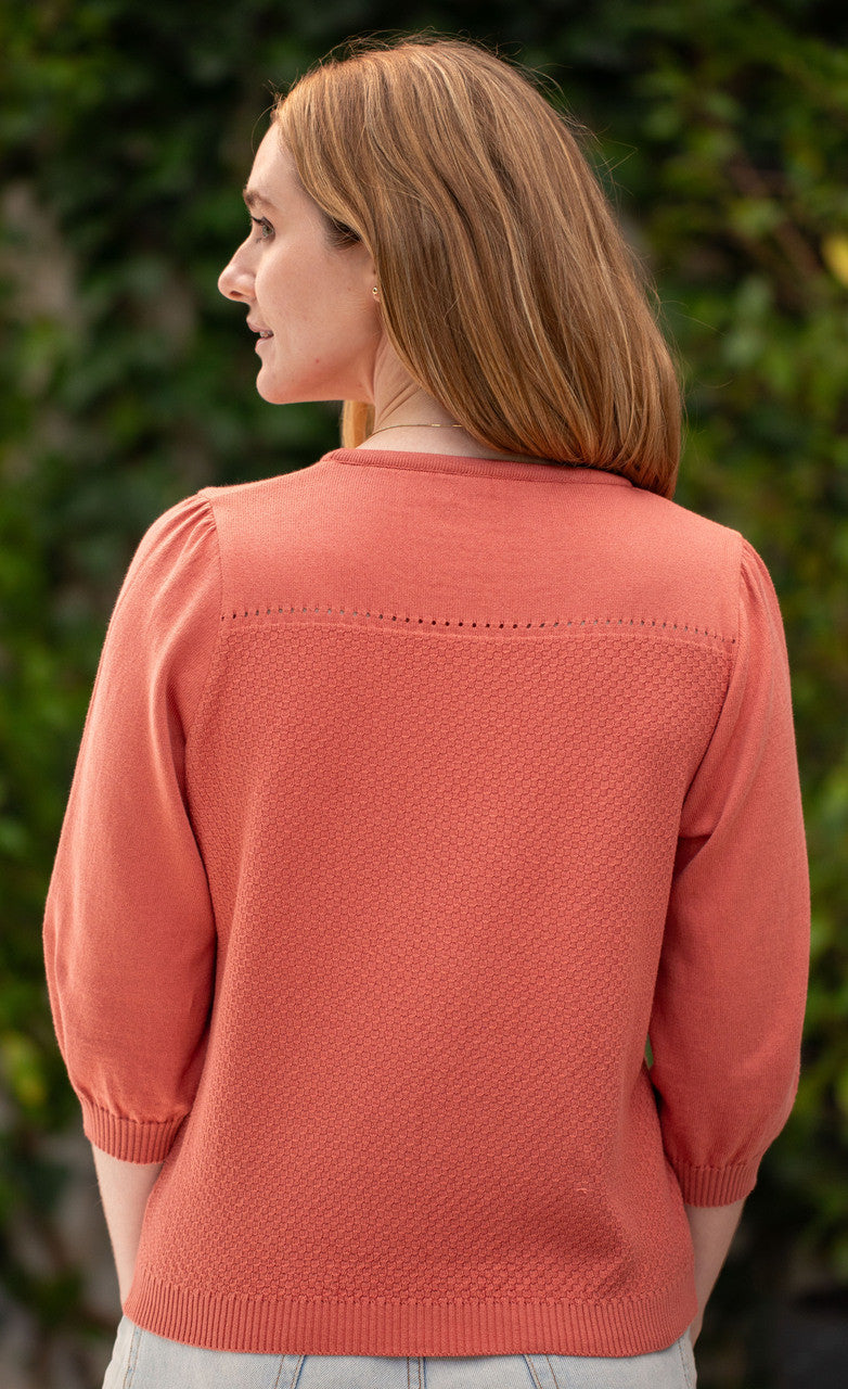 Woman wearing Country Laine - Cotton Eyelet Yoke Jumper (CL0094) in the colour Sienna.