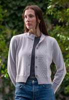 Woman wearing Country Laine - Diagonal Cardi (CL0126-IND2026) in the colour Cement.