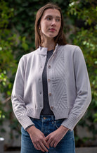 Woman wearing Country Laine - Diagonal Cardi (CL0126-IND2026) in the colour Cement.
