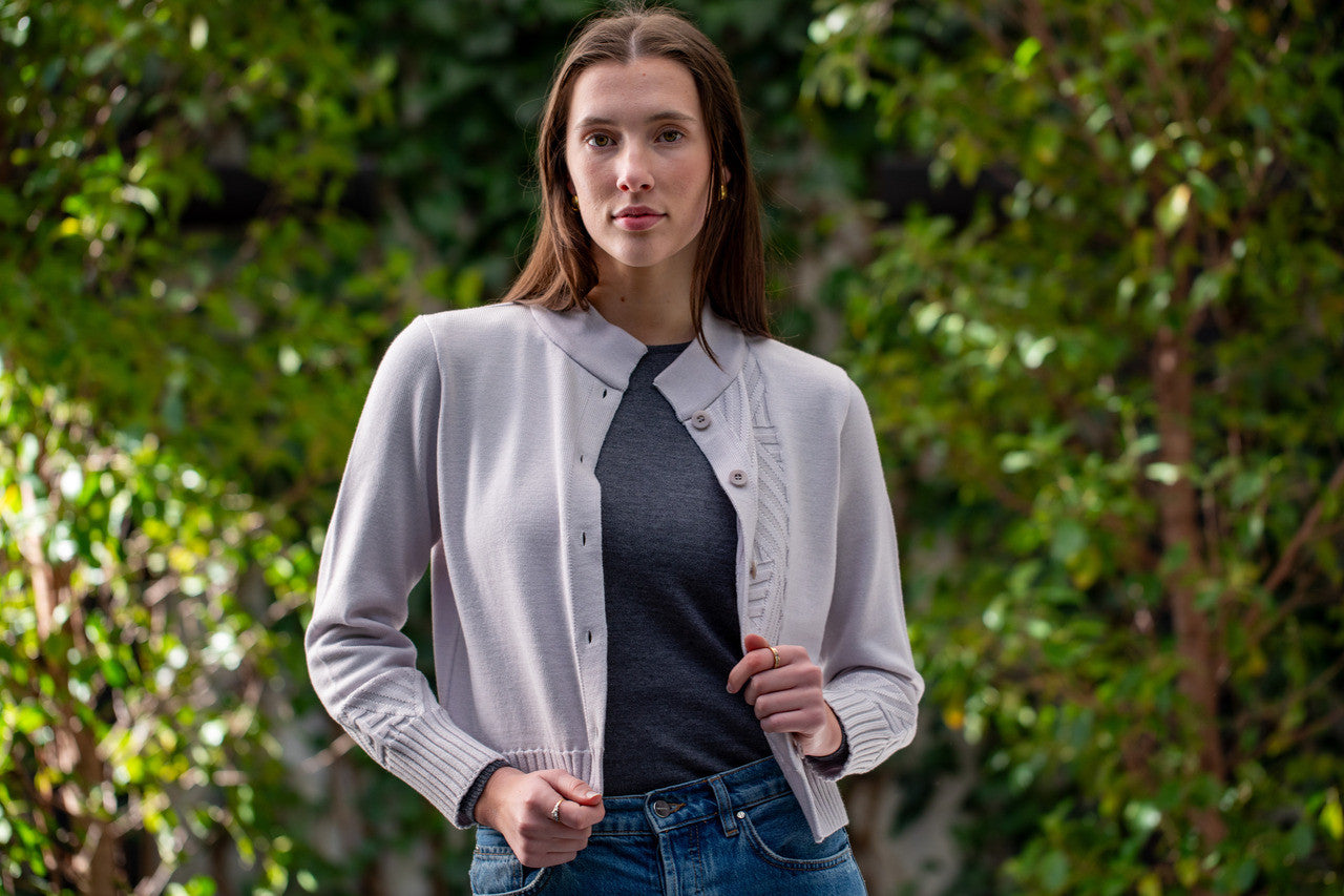 Woman wearing Country Laine - Diagonal Cardi (CL0126-IND2026) in the colour Cement.