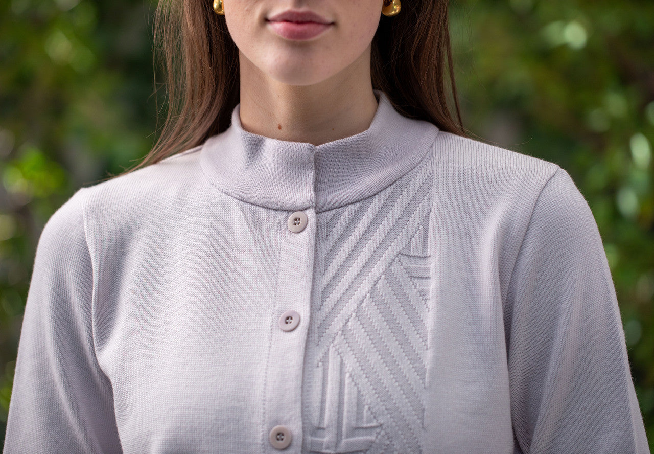 Woman wearing Country Laine - Diagonal Cardi (CL0126-IND2026) in the colour Cement.