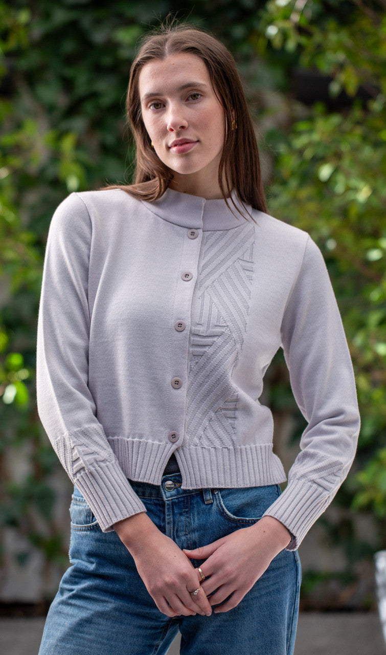 Woman wearing Country Laine - Diagonal Cardi (CL0126-IND2026) in the colour Cement.