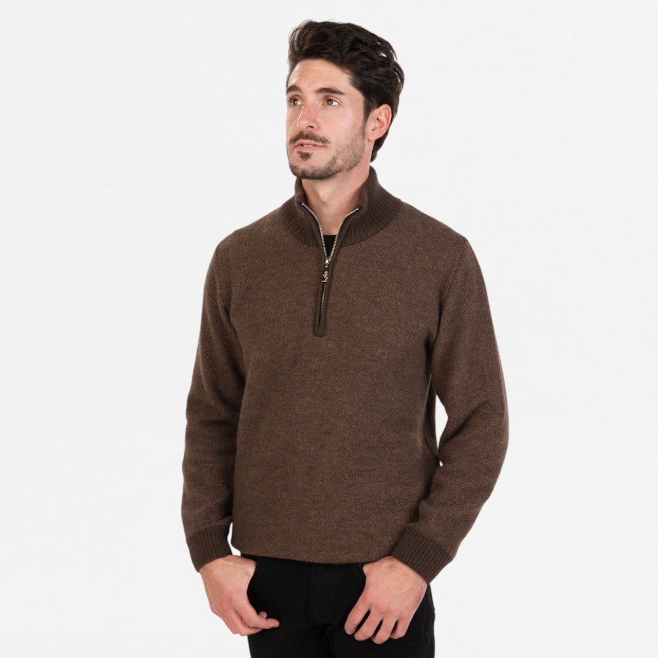 Native World - Merino & Possum Textured Half Zip Sweater Cocoa