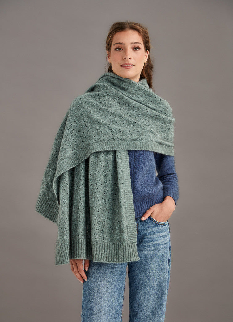 Woman wearing McDonald - Merino & Possum Herringbone Lace Shawl (5060) in the colour Mint.