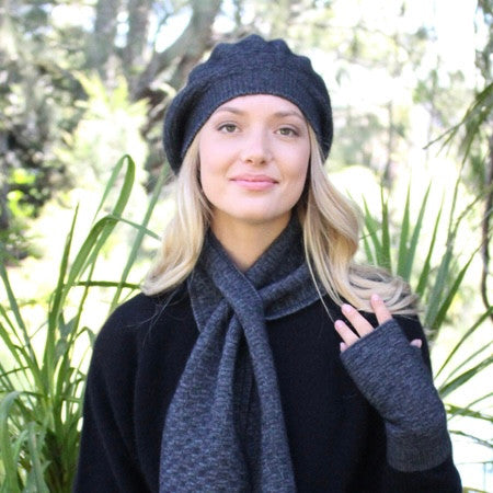 Merino and possum dash beret in colour Charcoal