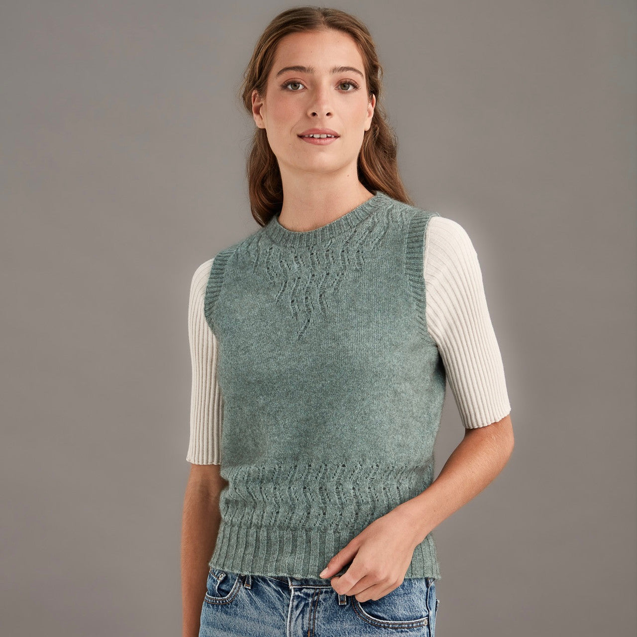 Woman wearing McDonald - Merino & Possum Herringbone Lace Vest (5059) in the colour Mint.