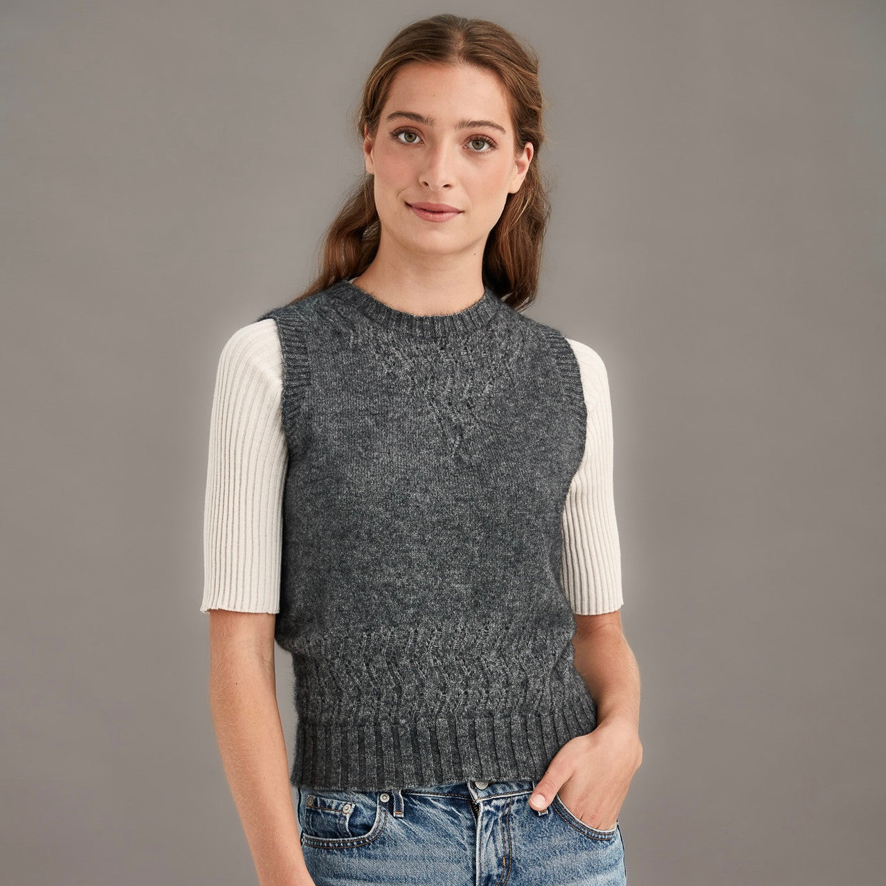 Woman wearing McDonald - Merino & Possum Herringbone Lace Vest (5059) in the colour Pewter.