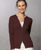 Woman wearing zipped Catherine Cardigan in Espresso