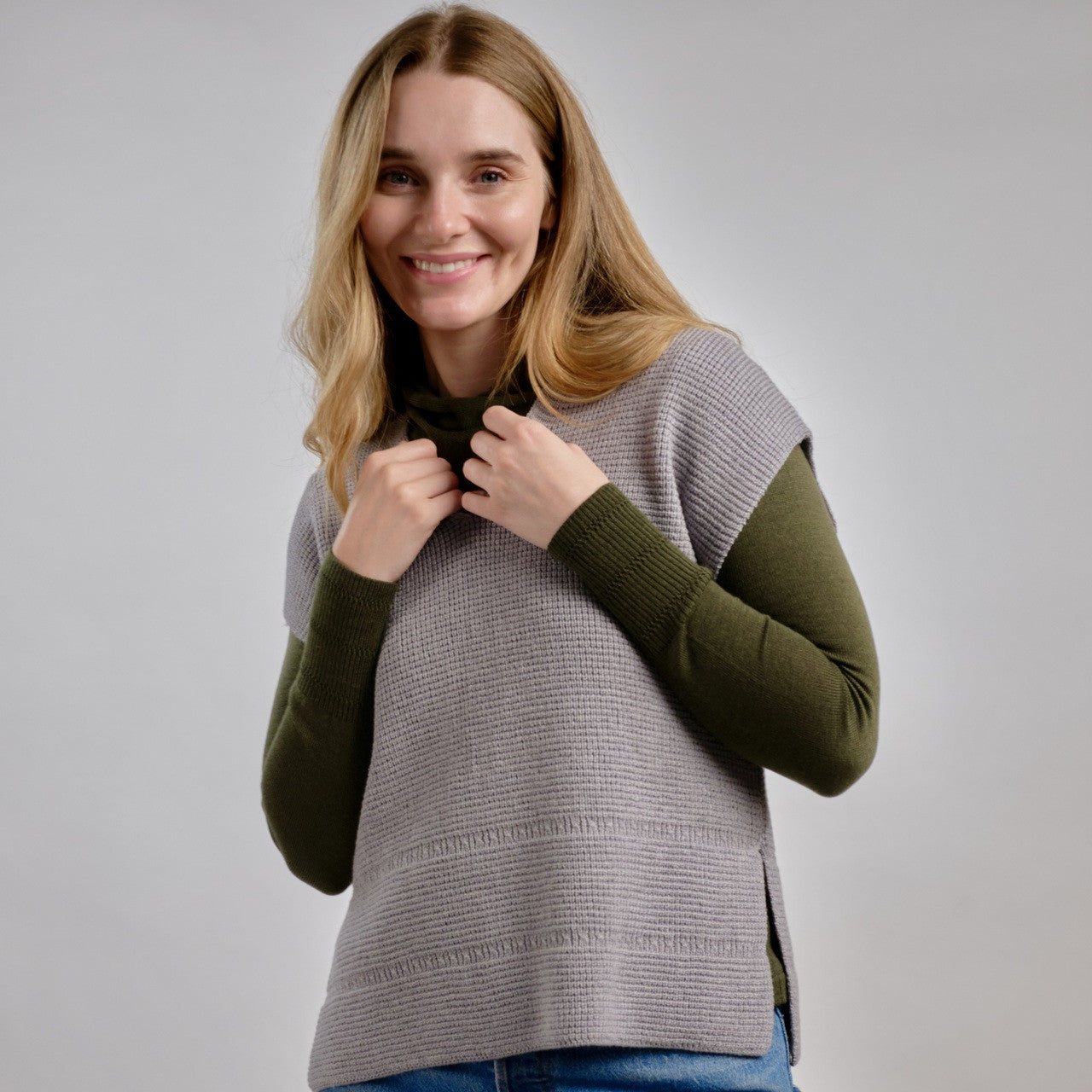 Woman wearing Country Laine - Merino Waffle Vest (CL0062) in the colour Silver.