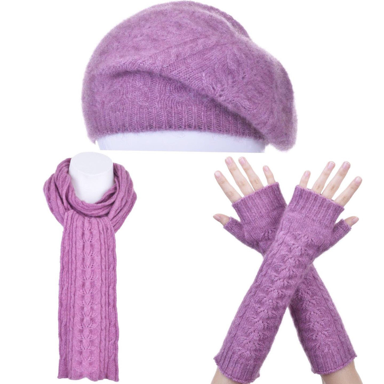 Merino and Possum glovelets, beret and scarf in colour Heather