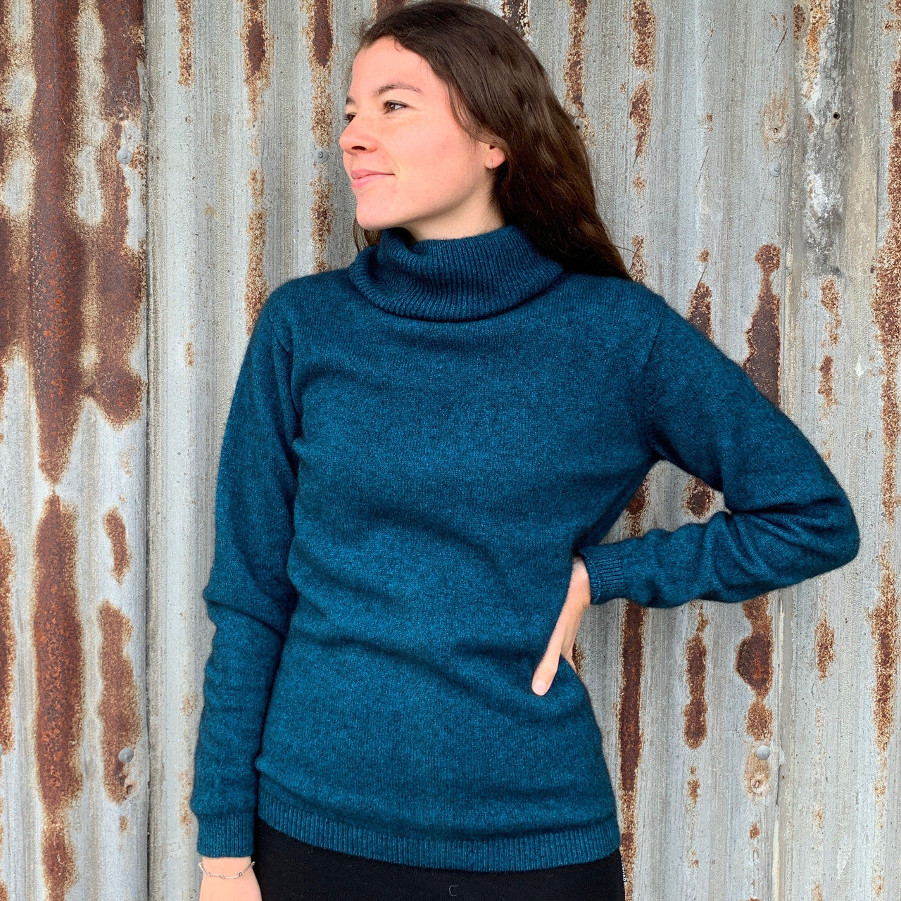Woman wearing Noble Wilde - Merino & Possum Polo Neck Jersey (NW3172) in the colour Tui