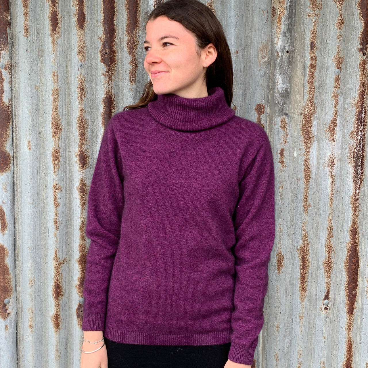 Woman wearing Noble Wilde - Merino & Possum Polo Neck Jersey (NW3172) in the colour Twilight