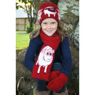 Girl sitting wearing scarf in colour red.