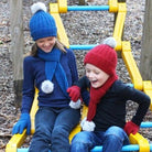 Children wearing beanie and scarf, colour Lagoon & Red