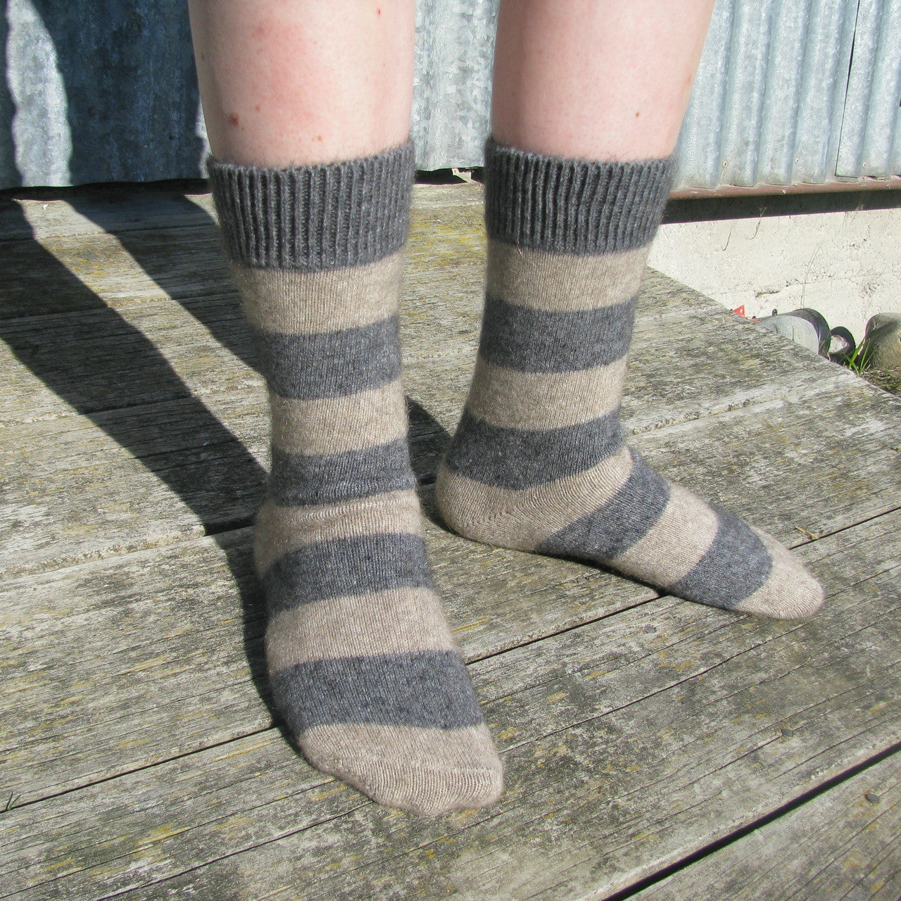 Striped Possum socks. Colour Riverstone/Natural
