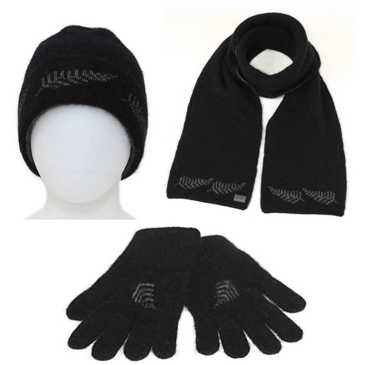 A Koru Silver Fern Accessory Set of scarf, gloves, and beanie in black.