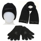 A Koru Silver Fern Accessory Set of scarf, gloves, and beanie in black.