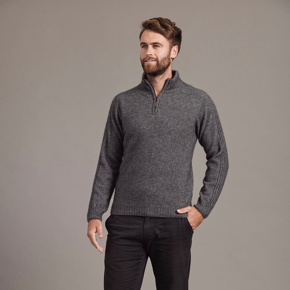McDonald - Possum & Merino Short Zip Rib Sleeve Sweater (M620) Pewter