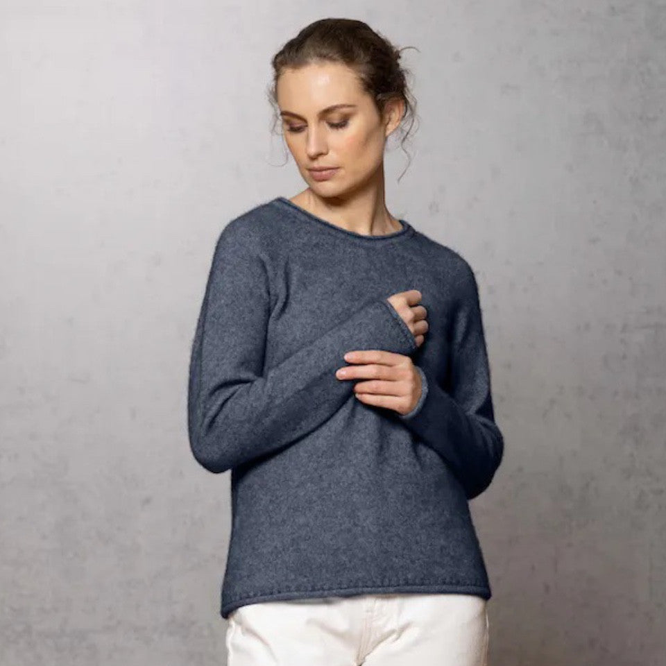 Woman wearing Noble Wilde - Merino and Possum Rutland Raglan Crew (NW3228) in the colour Neptune.