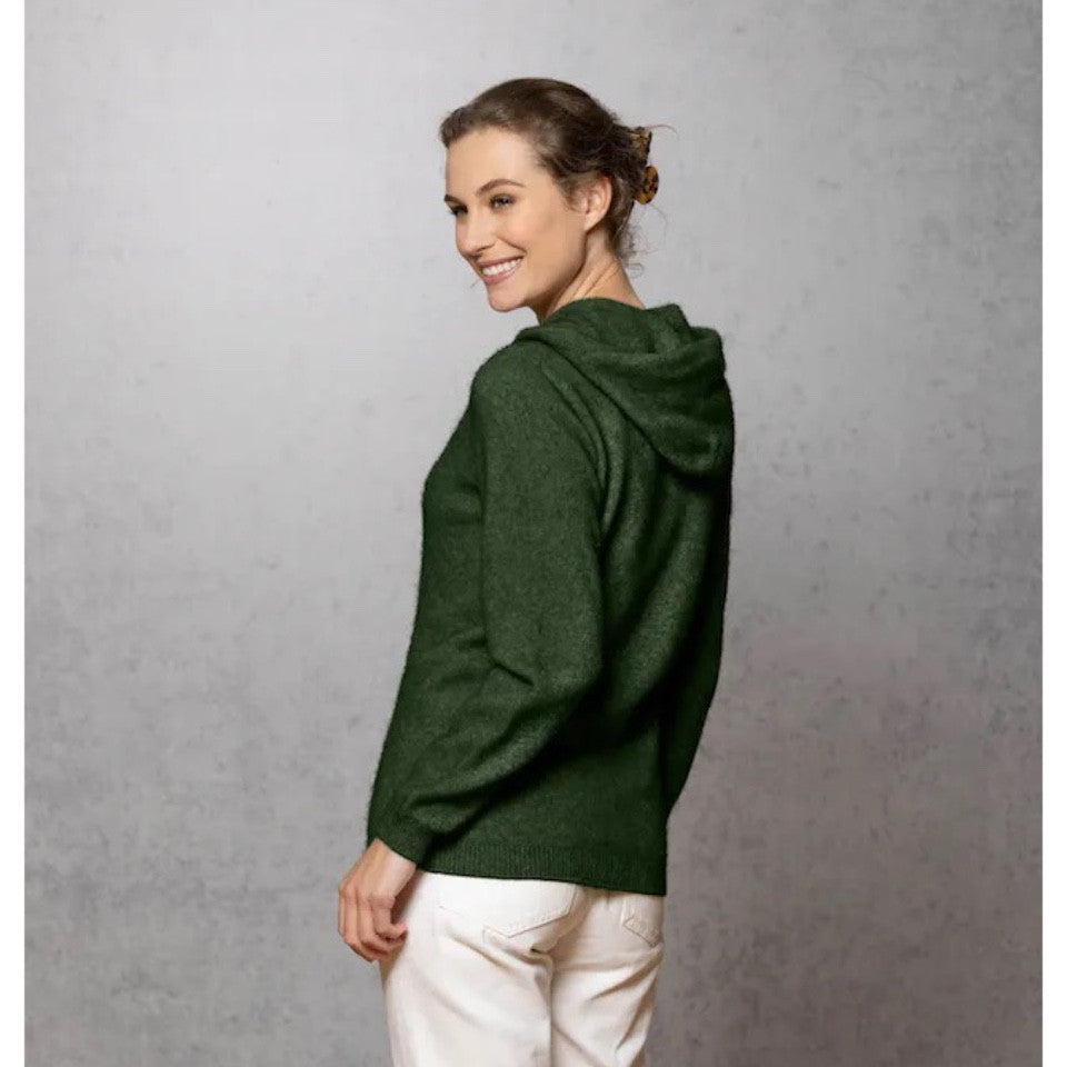 Woman wearing Noble Wilde - Merino and Possum Oulu Hoodie (NW3231) in the colour Jungle.