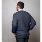 Man wearing the Noble Wilde - Merino & Possum Oxford Vee Sweater (NW1002) in the colour Neptune.